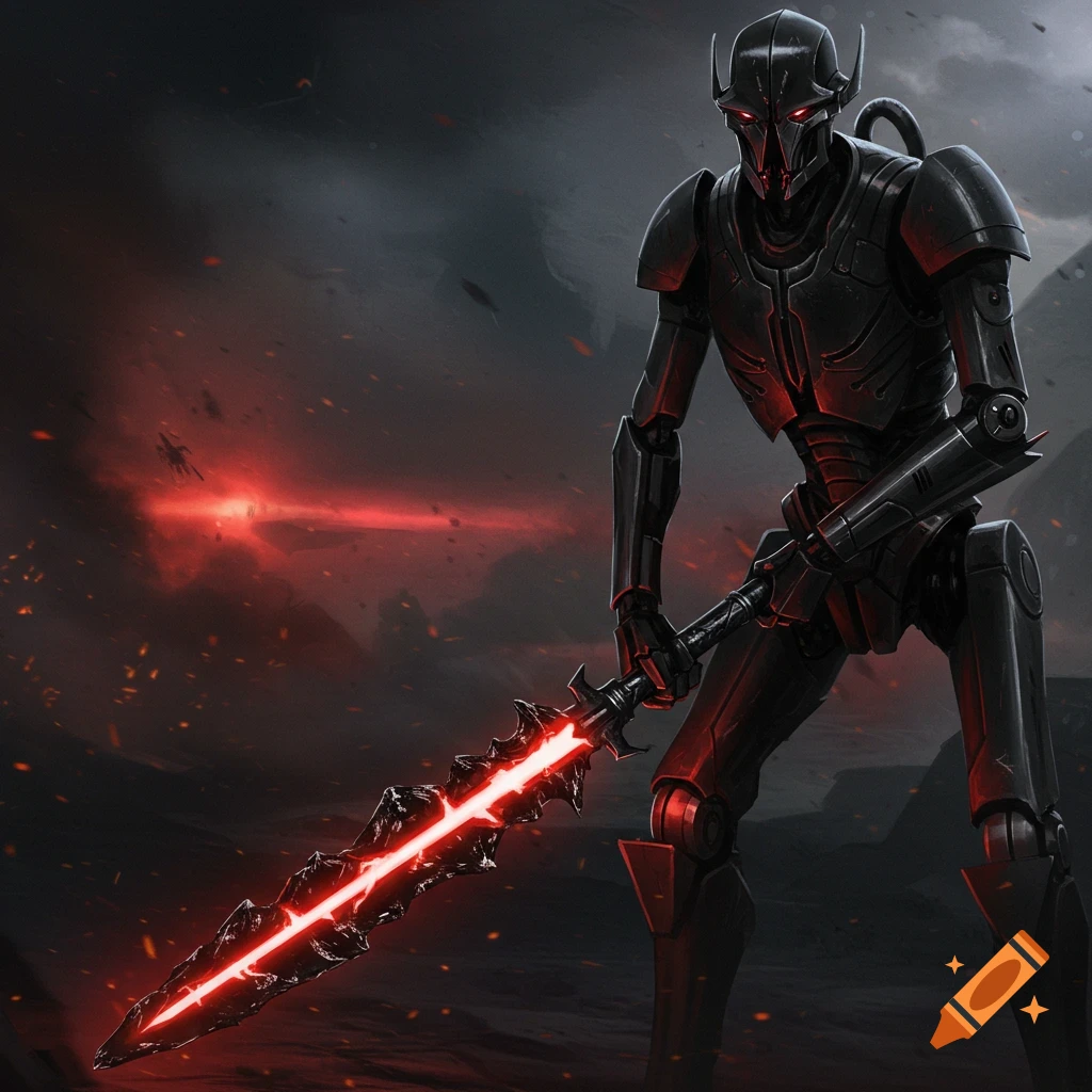 a dark robot holding a glowing red sword in a smoky battle scene.