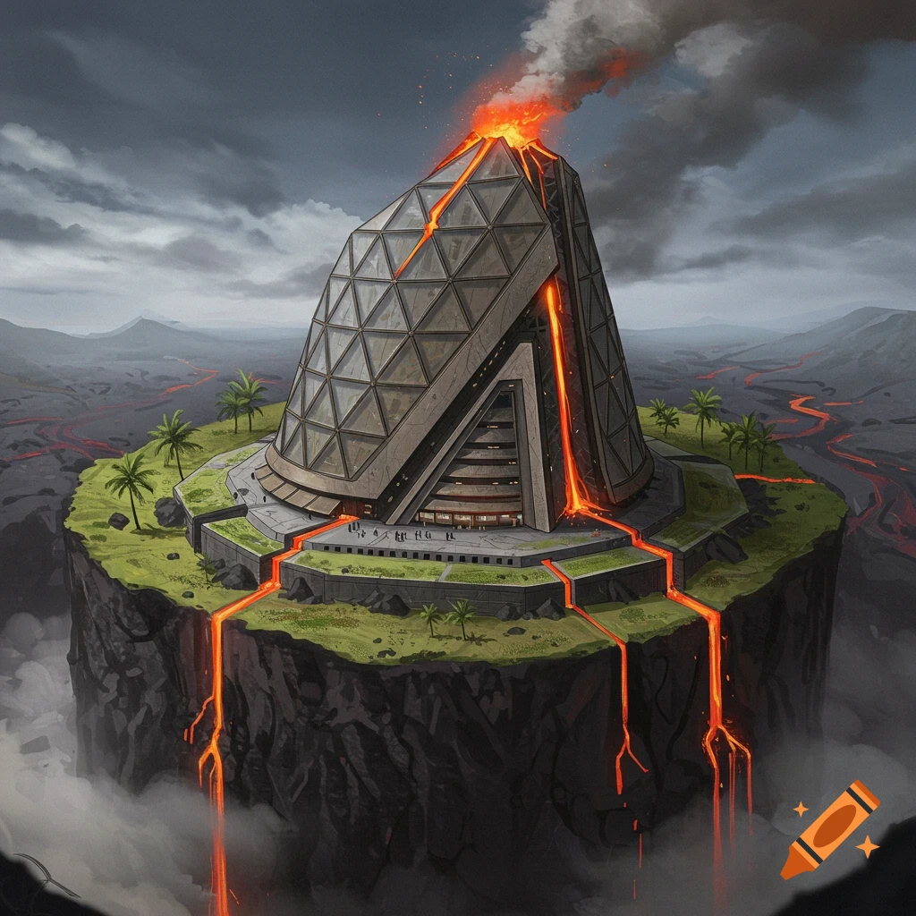 A futuristic pyramid-like building stands on a rocky island with lava flows and palm trees.