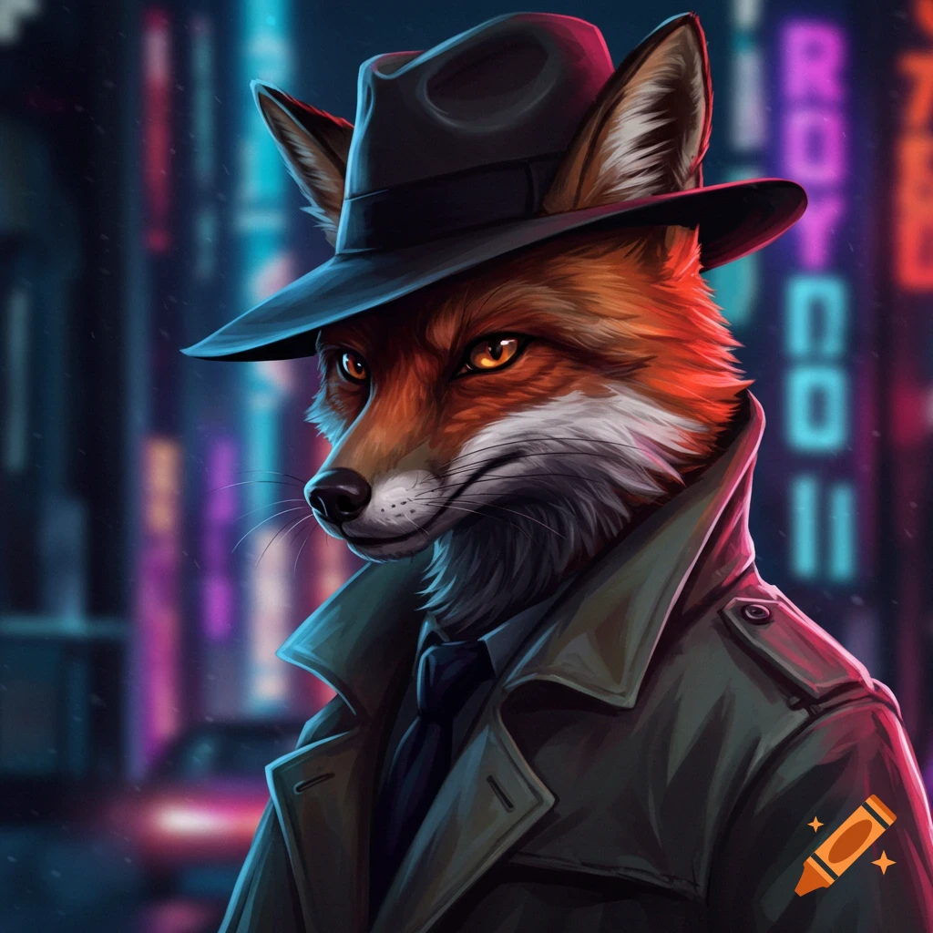 A fox in a fedora and trench coat stands in a neon-lit city street.