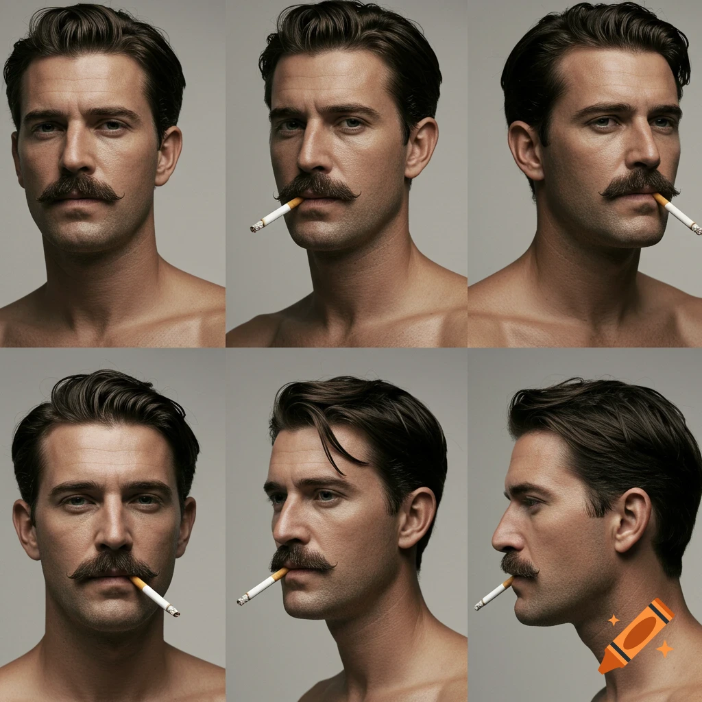 Multiple photorealistic portraits of a man with a mustache smoking a cigarette.