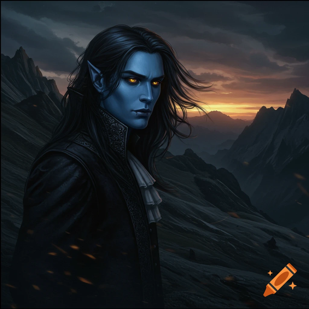 A blue-skinned vampire with glowing eyes overlooks mountains at sunset.