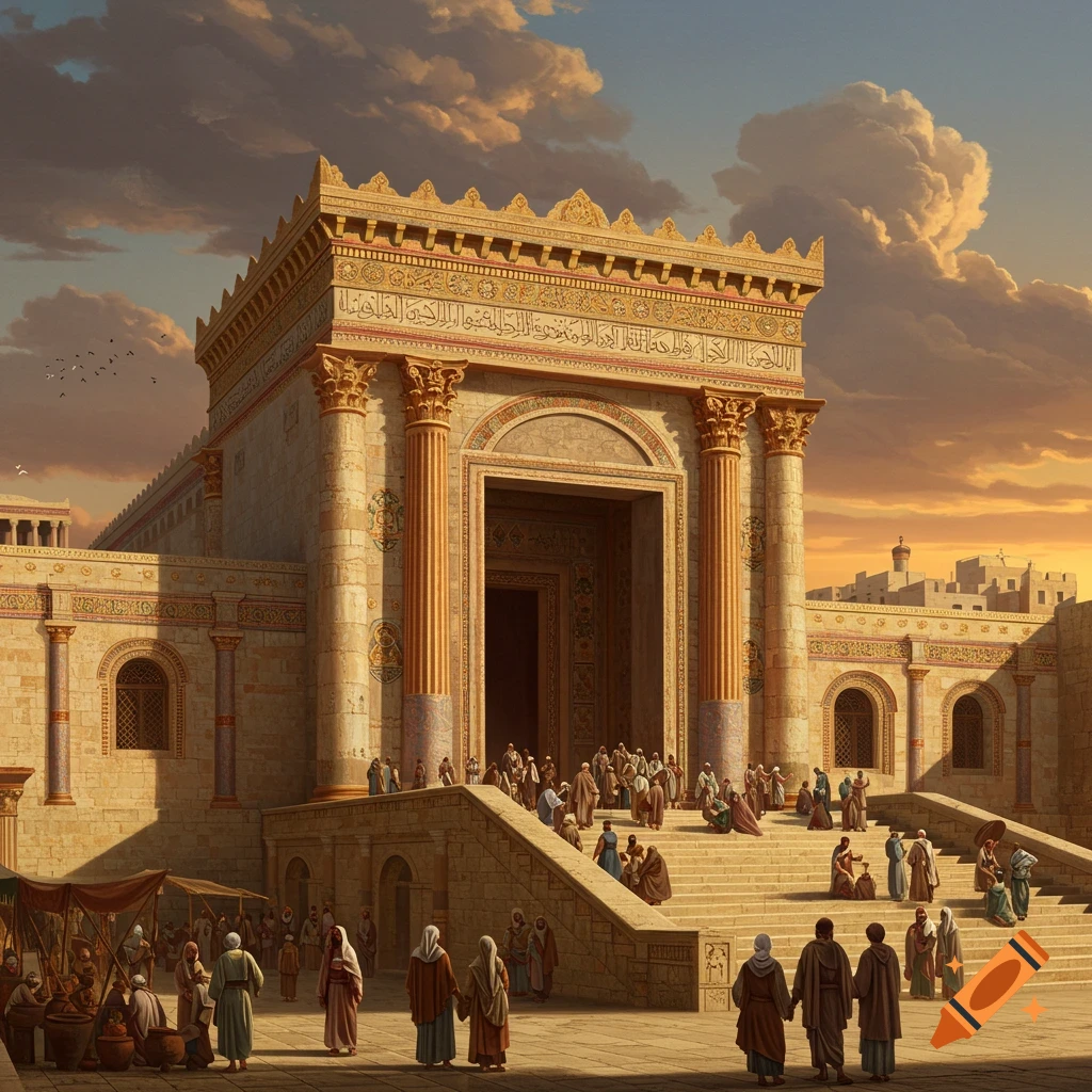 A grand ancient temple with ornate architecture and many people gathered on steps and in a courtyard under a dramatic sky.