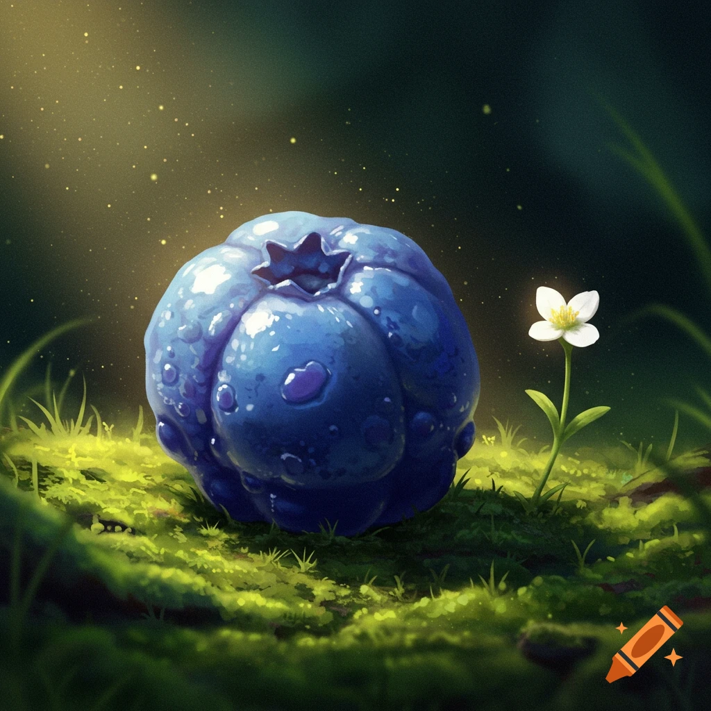 A large blue fruit on mossy ground with a white flower and light rays.