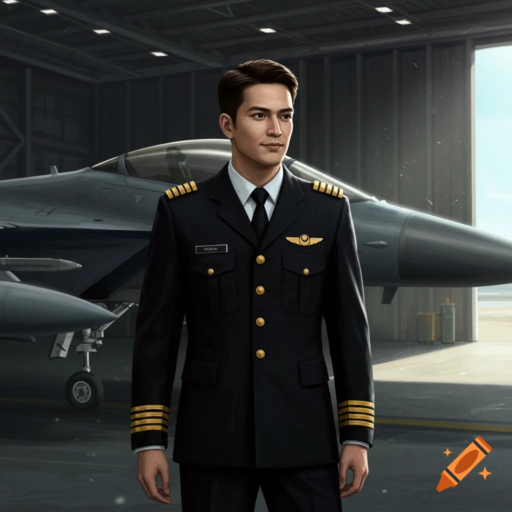 A man in a pilot's dress uniform stands in a hangar next to a jet.