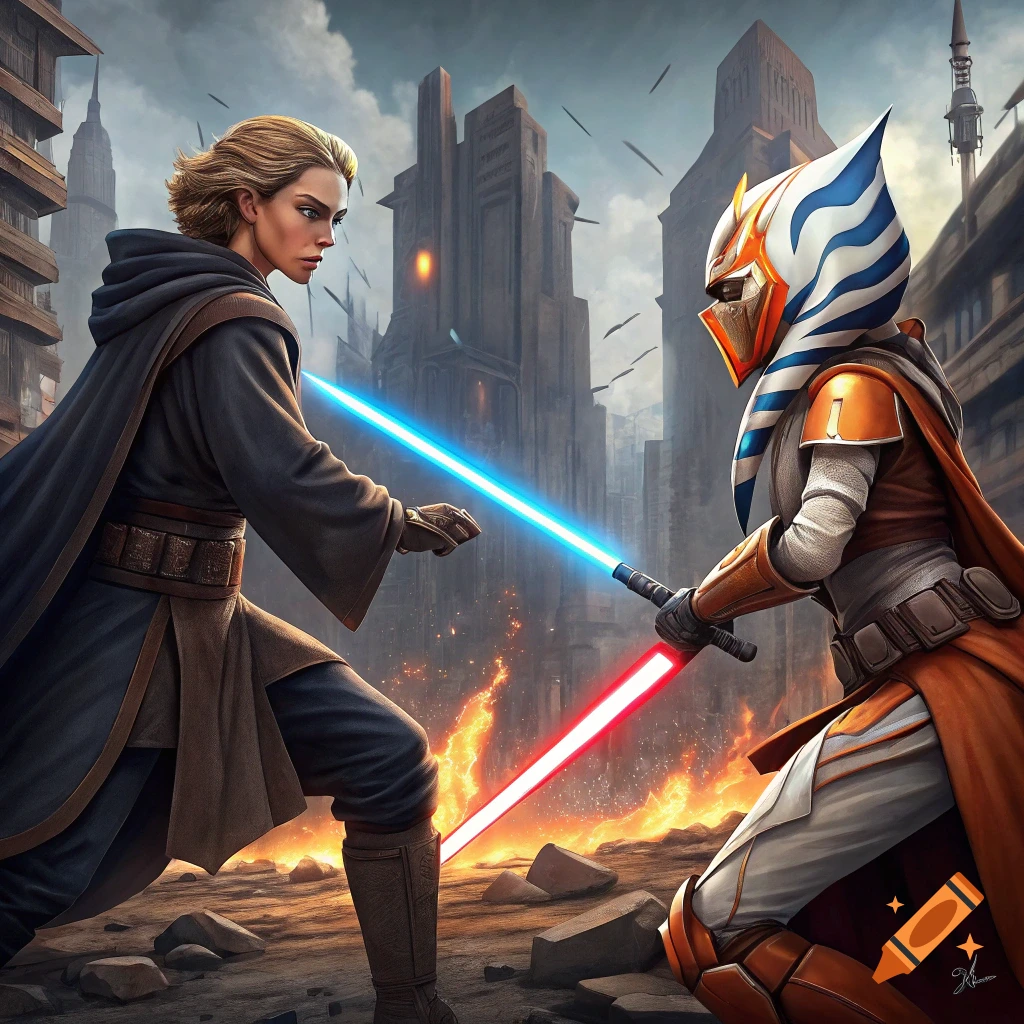 Two figures resembling Anakin and Ahsoka duel with lightsabers in a ruined city.
