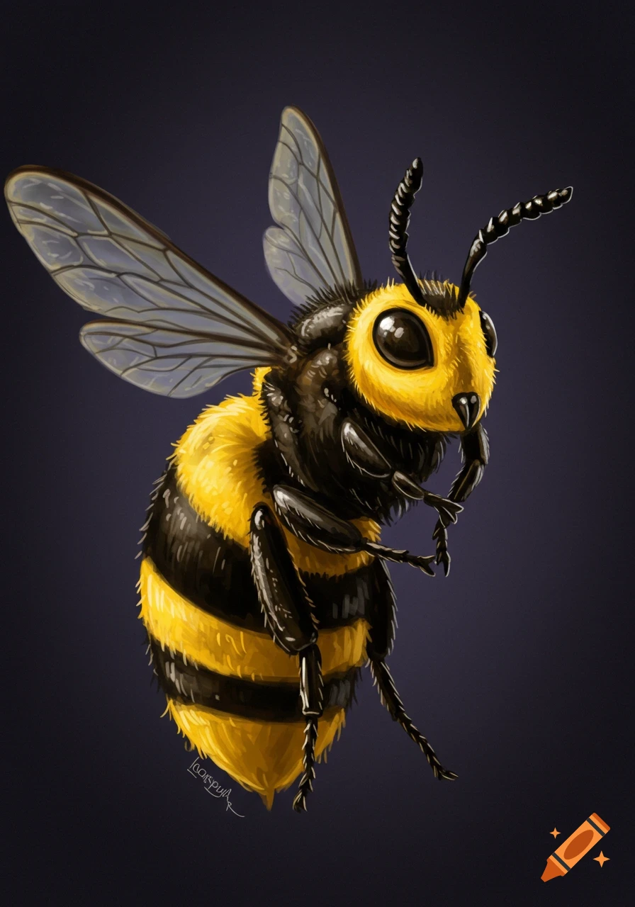 A stylized fuzzy black and yellow bee flying.