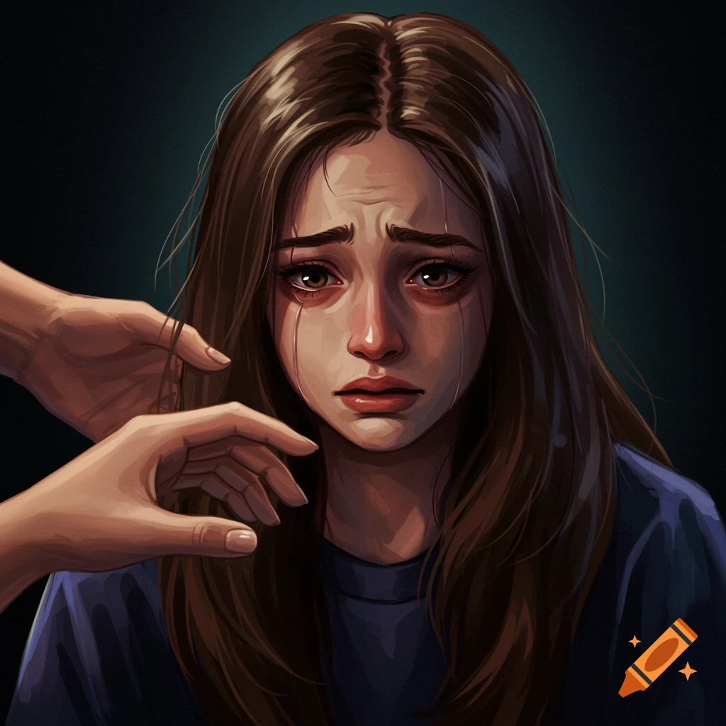 A crying girl is depicted with a hand reaching out towards her.