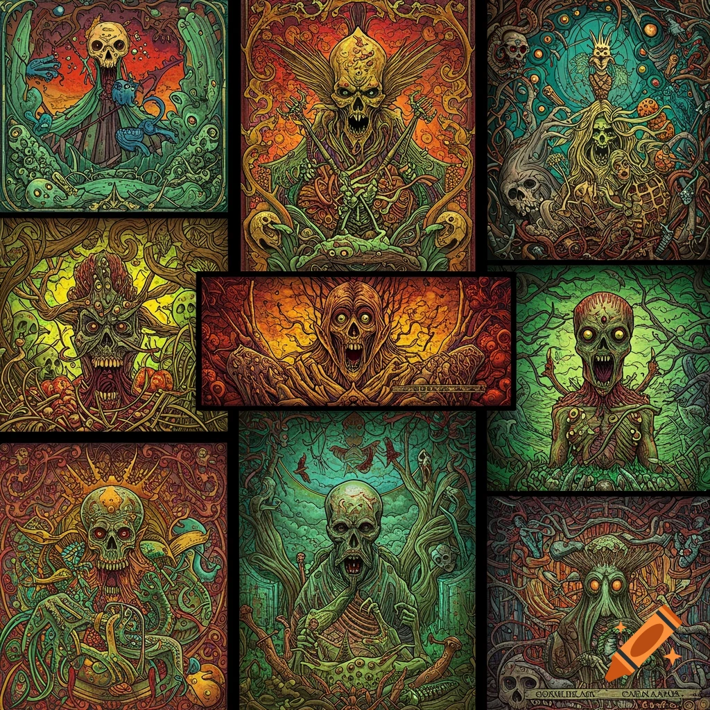 Grid of stylized macabre illustrations with skulls, skeletons, and grotesque figures in intricate, colorful vintage horror style.