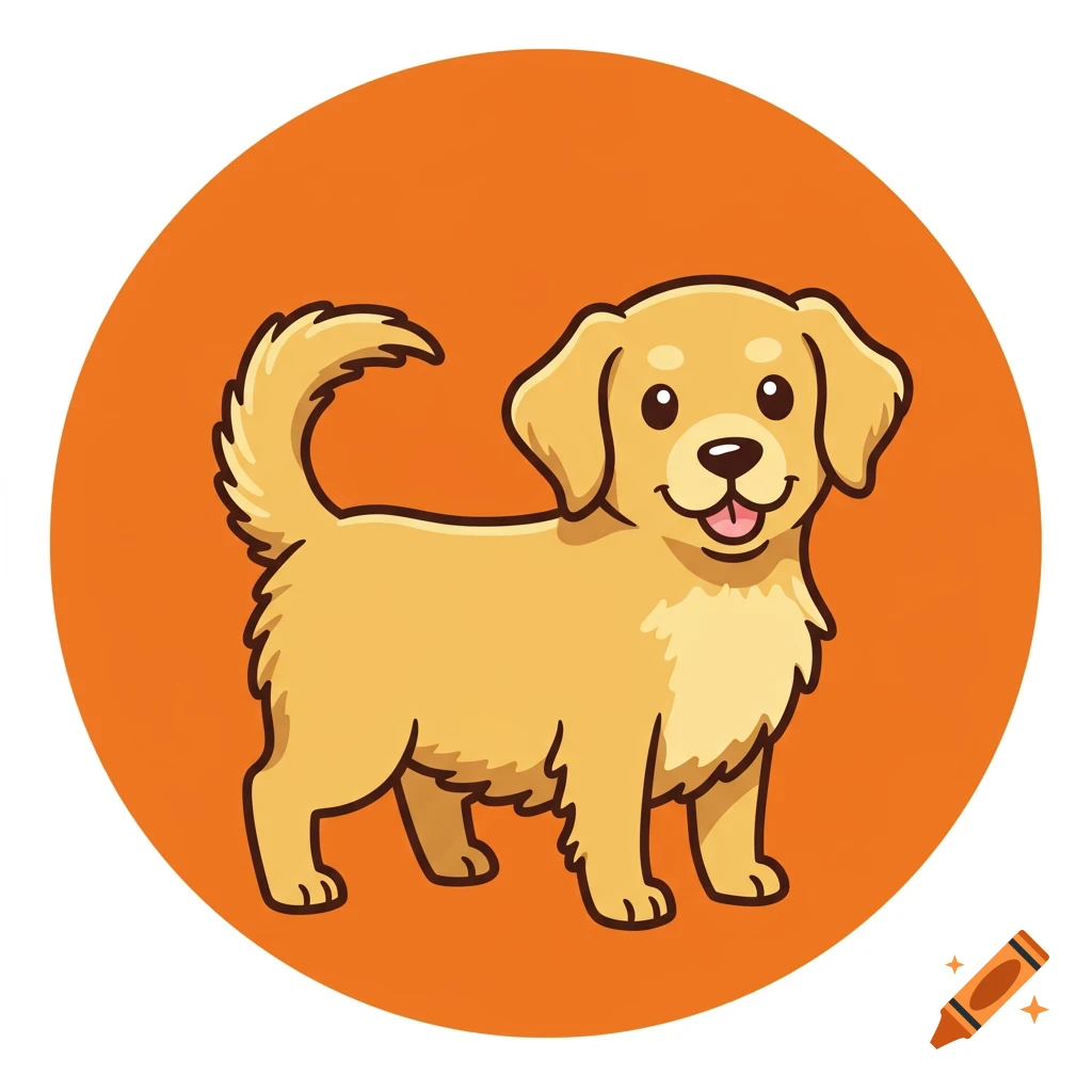 Cartoon golden retriever puppy in an orange circle