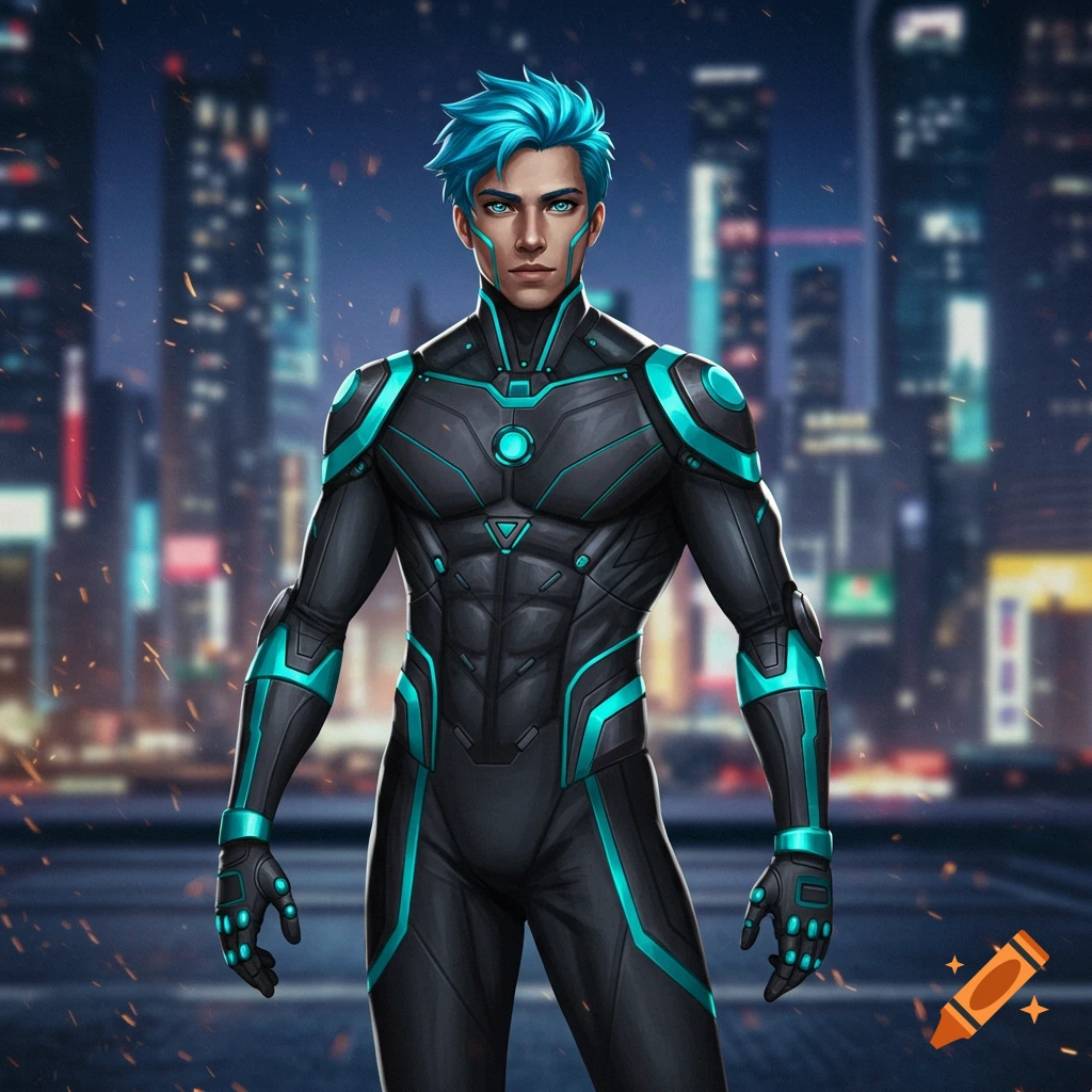 Digital illustration of a man in a black and cyan superhero suit standing against a city skyline at night.