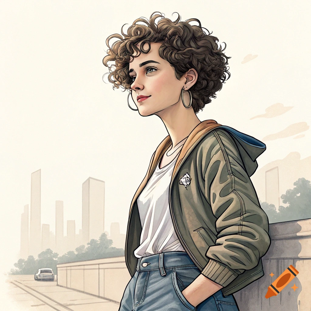Illustration of a young woman with curly hair leaning against a wall in a city.