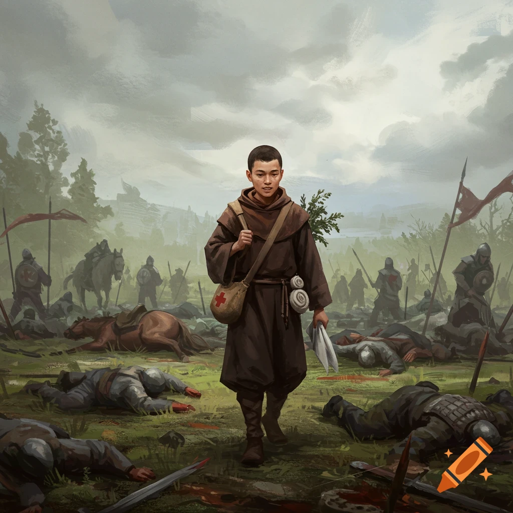 A young monk walks through a battlefield strewn with fallen soldiers.