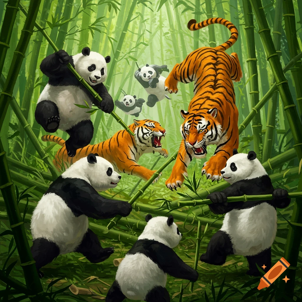 Pandas and tigers fighting playfully in a bamboo forest.