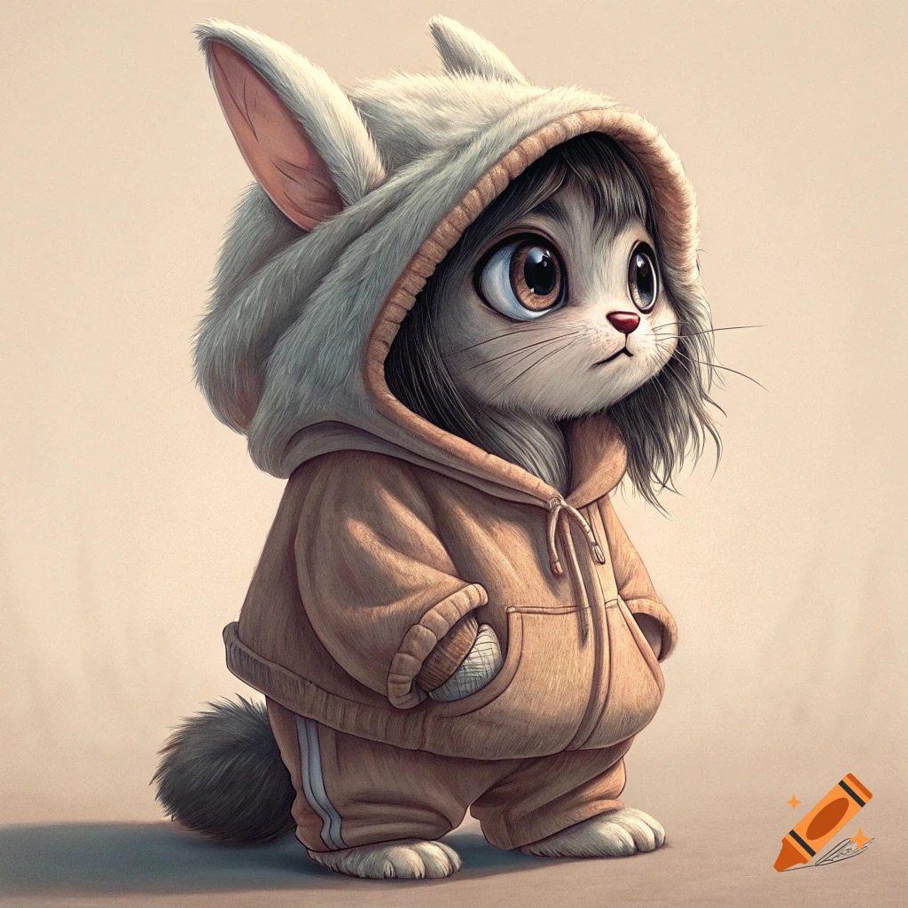 A cute stylized furry character with large eyes wears a bunny-ear hoodie and tracksuit.