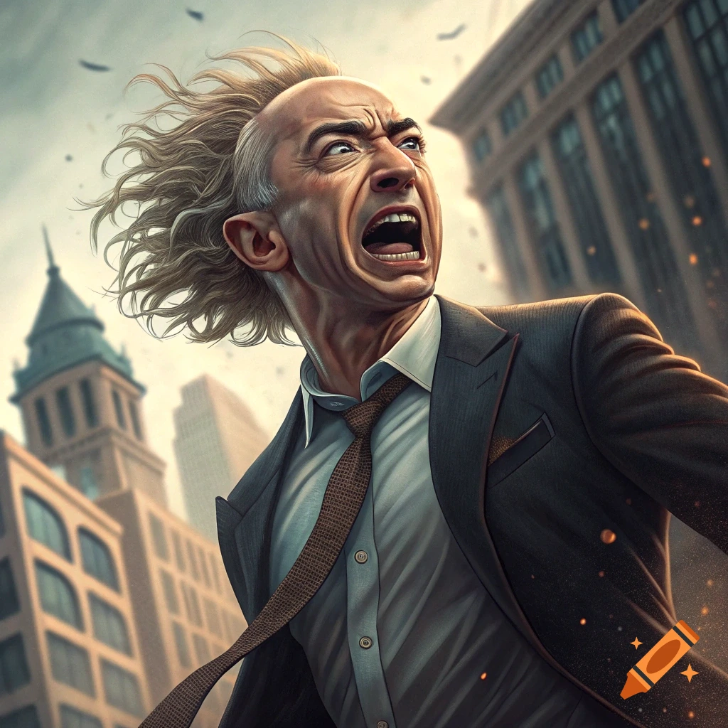 Stylized caricature of a screaming man in a suit against a city backdrop.