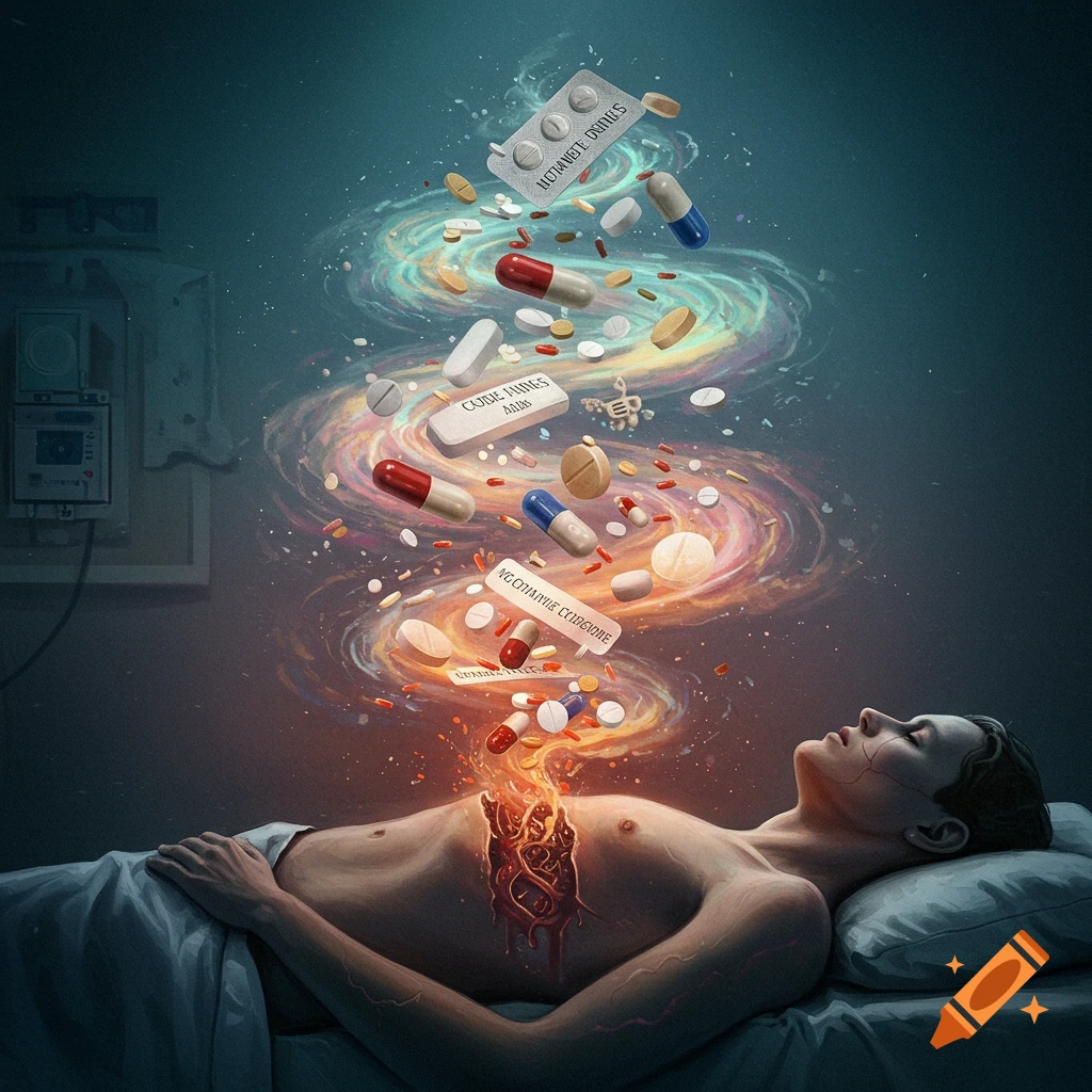 Surreal image of a person on a bed with a swirl of pills and drugs emanating from their chest