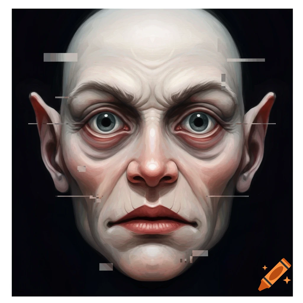 A pale, distorted face with blue eyes and pointed ears, featuring glitchy artifacts.