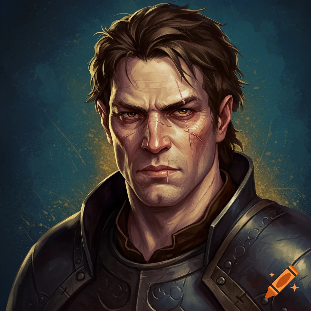 Portrait of a scarred man in armor looking directly at the viewer.