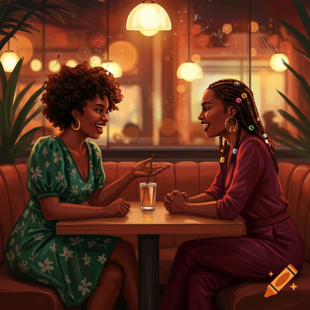 Two Black women talking at a restaurant table