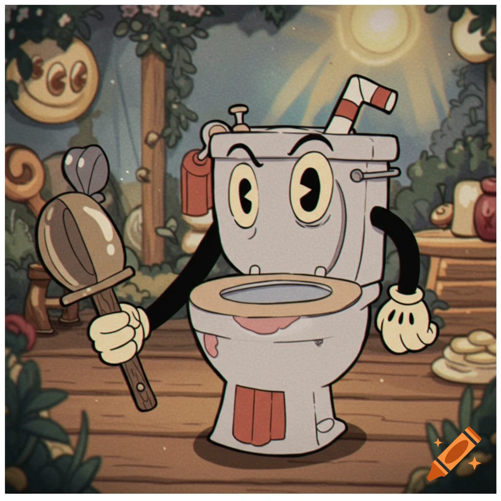 Cartoon toilet character in Cuphead style holding a plunger.