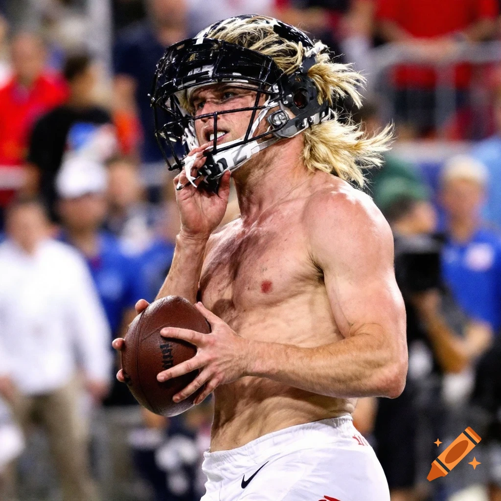 Shirtless football player in helmet holding ball on field.