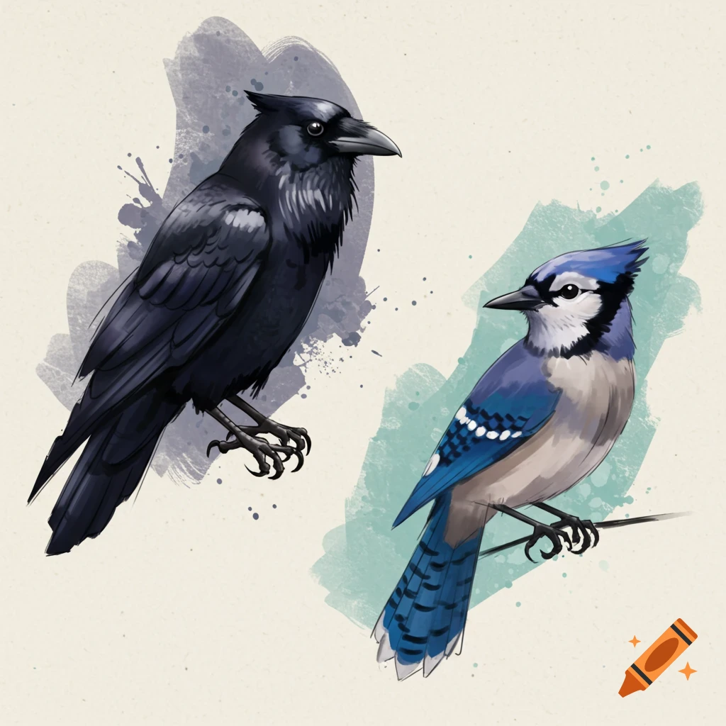 A black raven and a blue jay in a simple, stylized art style.
