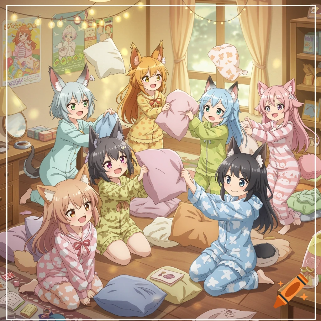 Eight cute anime kemonomimi girls in pajamas having a pillow fight during a sleepover.
