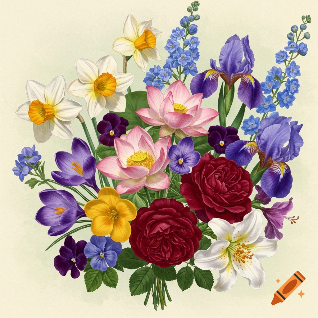 A colorful bouquet with narcissus, lotus, roses, irises, and other flowers
