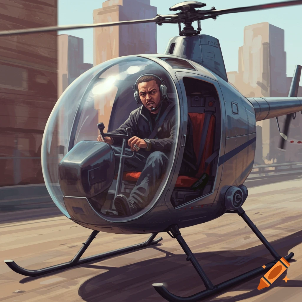 A man is piloting a helicopter over an urban landscape.