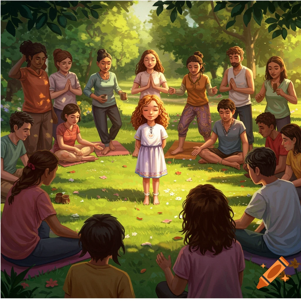 Diverse people doing yoga or meditating in a sunny park setting.