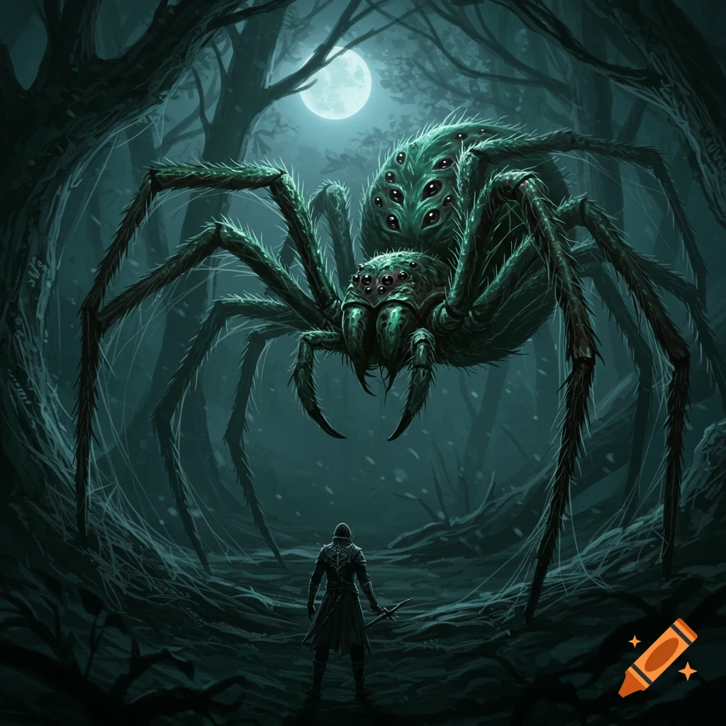 A giant spider looms over a figure in a dark forest under a full moon.