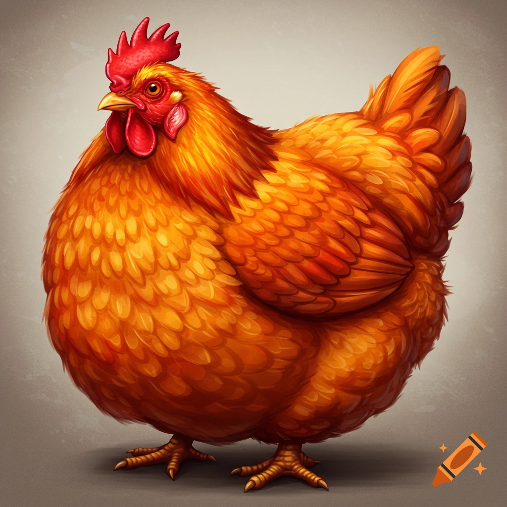 A fluffy orange chicken standing.
