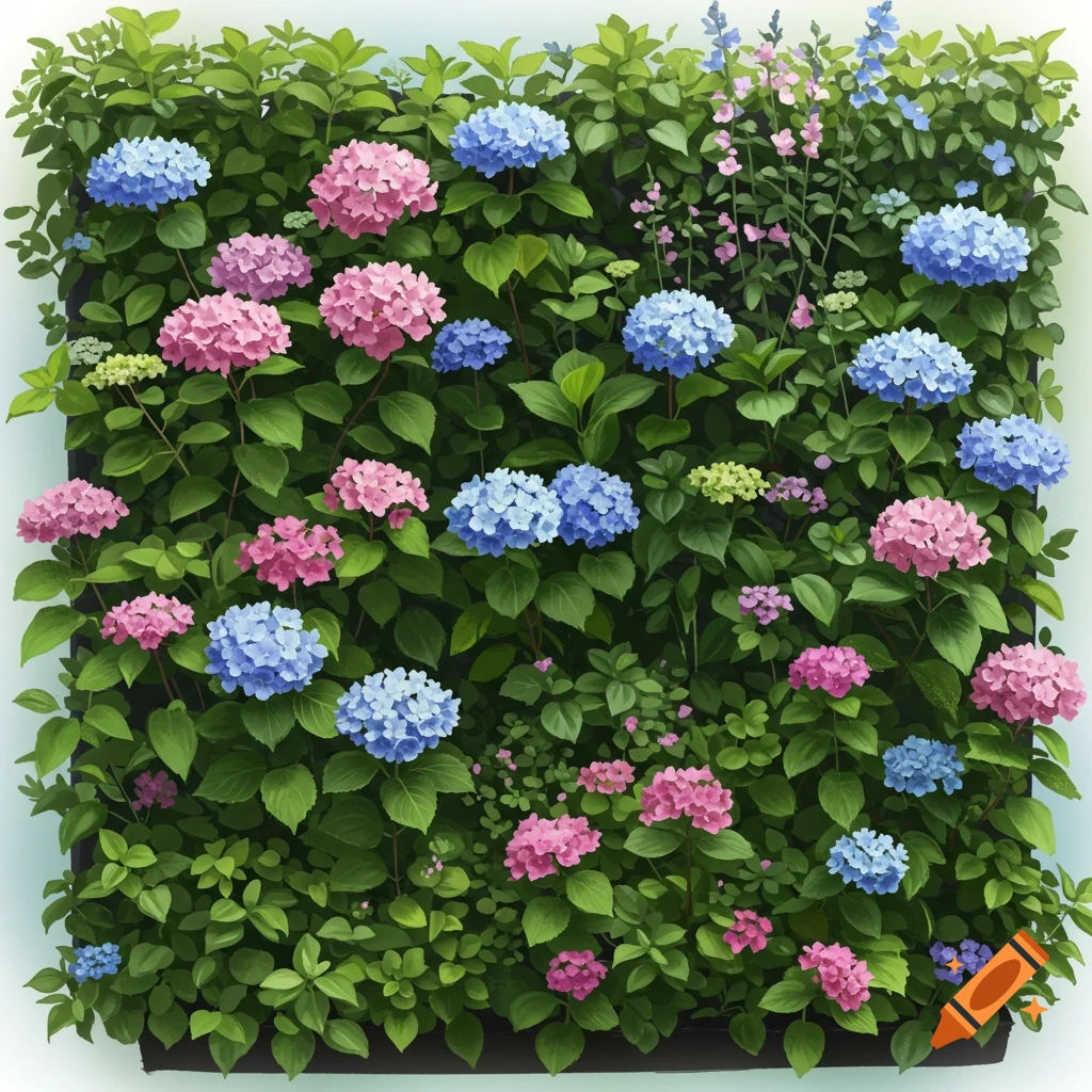 A green wall covered in clusters of pink and blue hydrangea flowers.