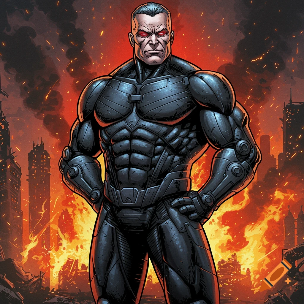 A muscular figure in black armor with red eyes stands in a destroyed city with fire.