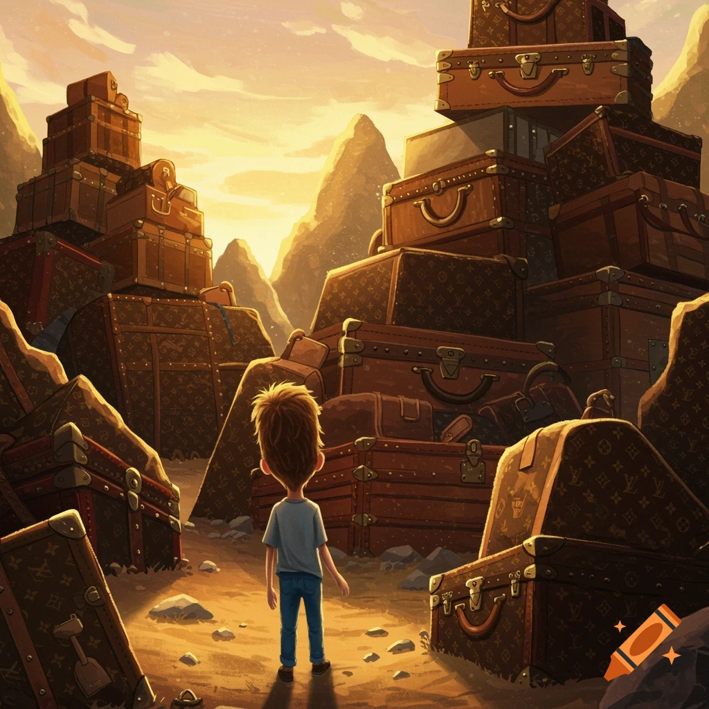 A young boy looking at mountains made of Louis Vuitton luggage at sunset.