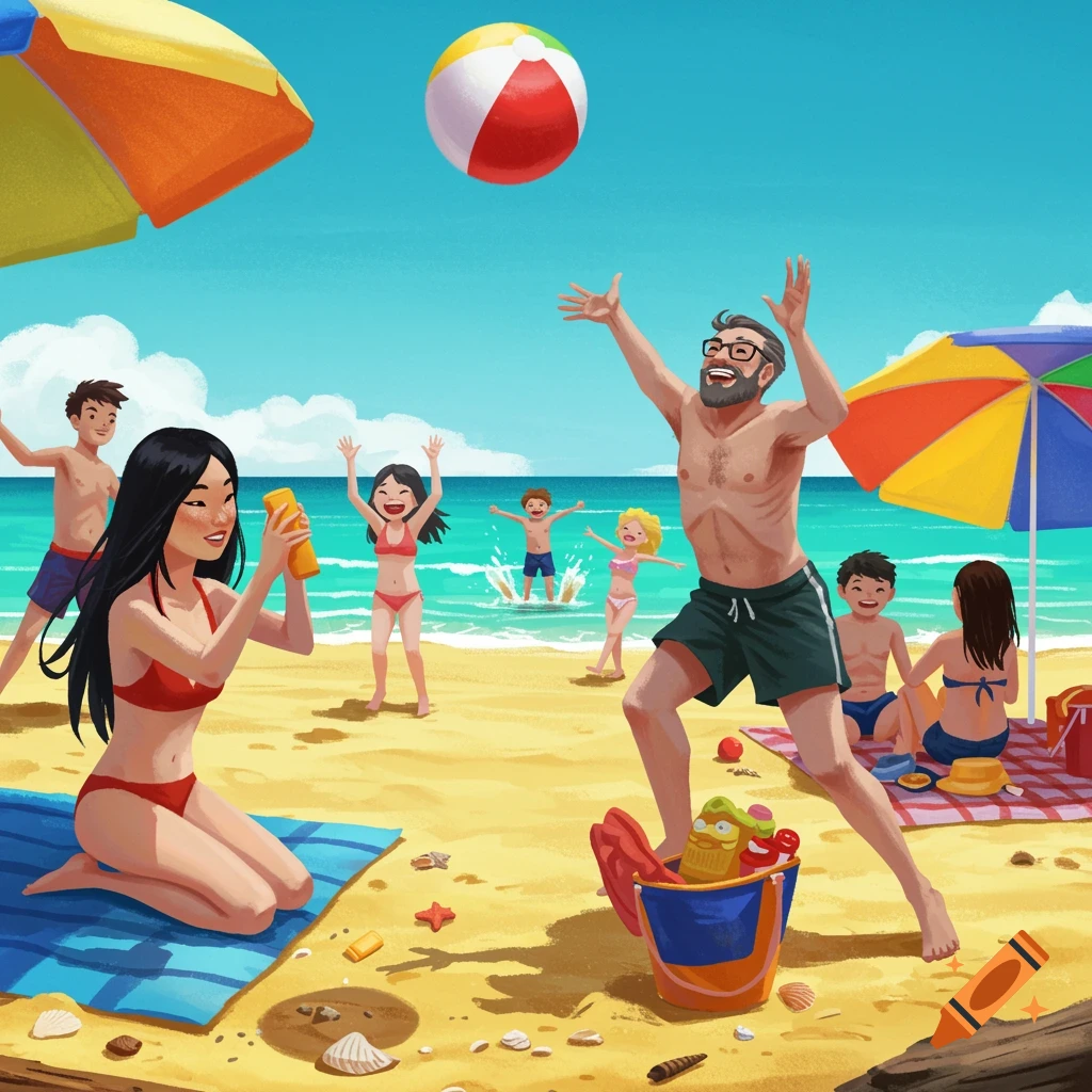 A diverse group of people enjoying a beach day, playing with a beach ball and relaxing under umbrellas.