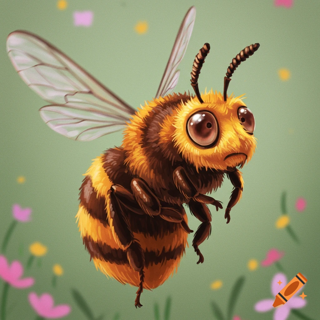 A cartoon bee with big eyes looks confused while flying near flowers.