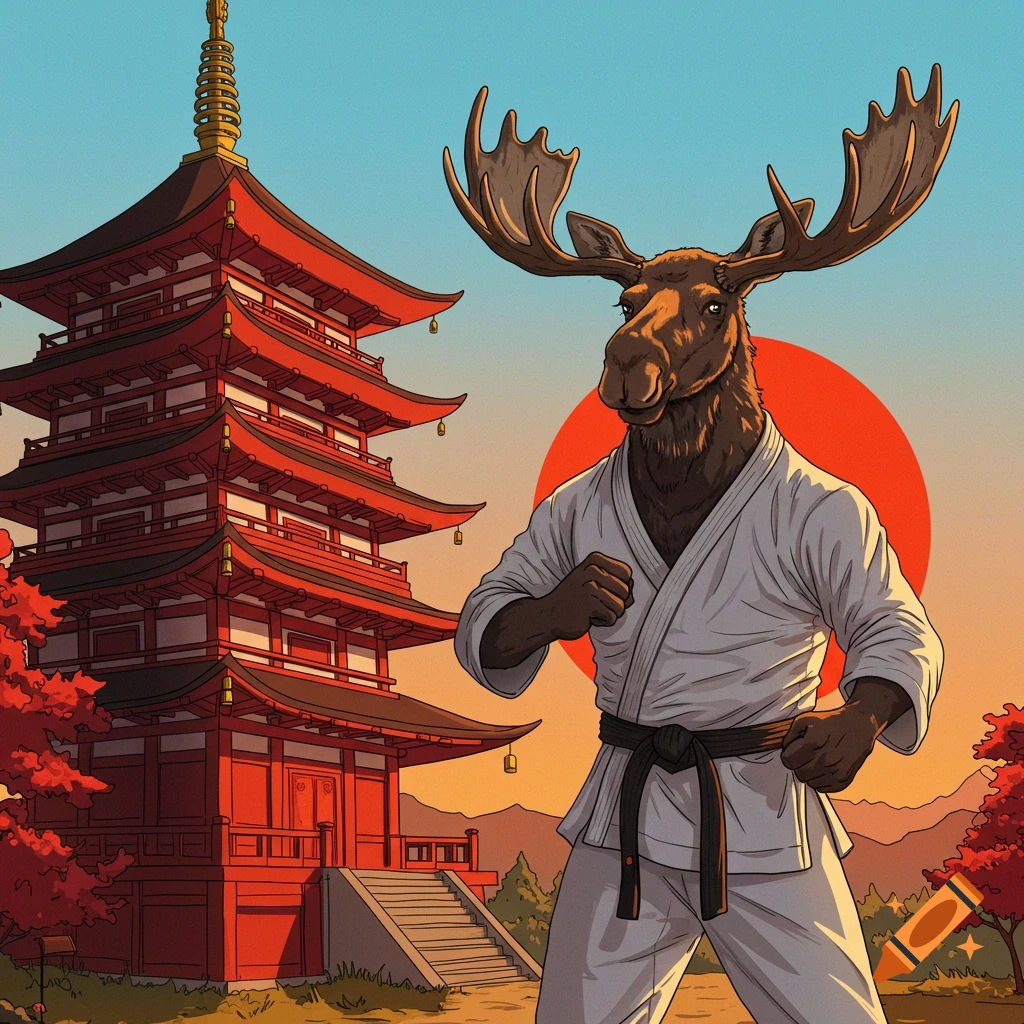 A moose in a karate gi stands before a Japanese pagoda with a red sun background, illustration.