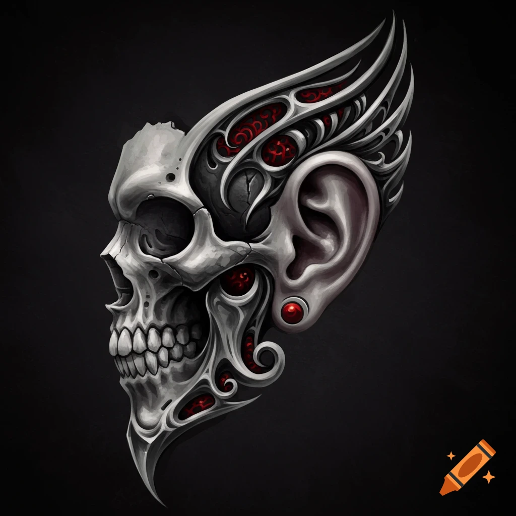 Stylized gothic skull and ear fusion with silver and red ornaments against a black background.