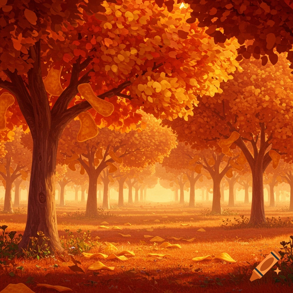 An autumn orchard with trees growing Cheetos chips and chips on the ground.