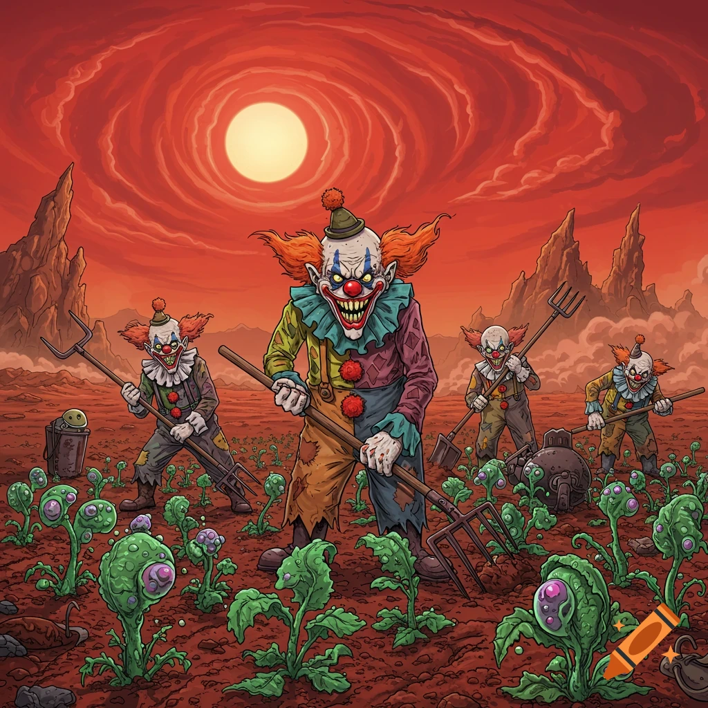 Evil clowns farming strange alien plants under a swirling red sky.
