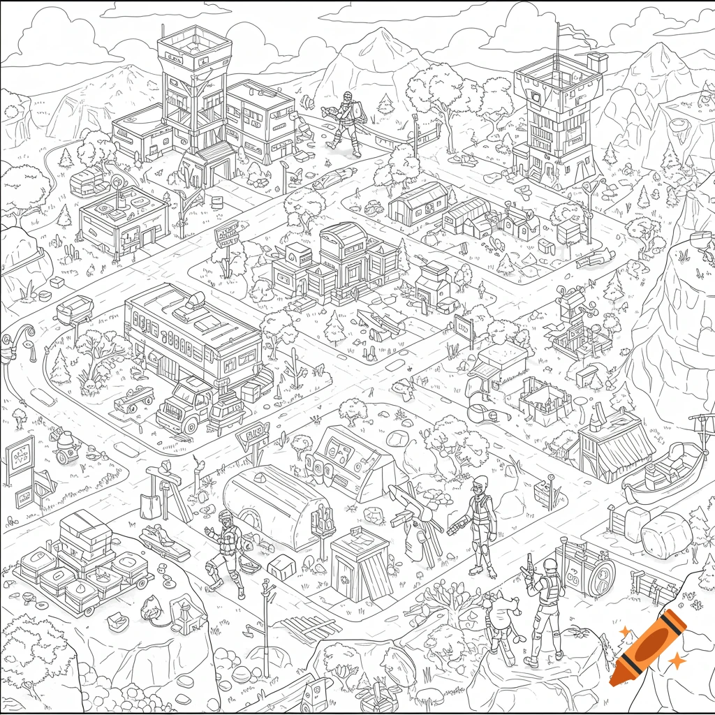 A detailed Fortnite-style line art coloring page of a fortified base with buildings, vehicles, and soldiers in a landscape.
