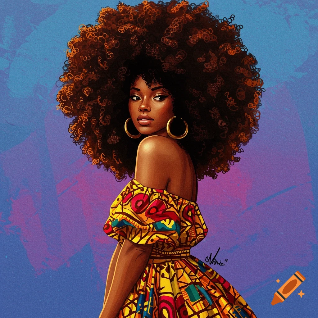 Black woman with afro hair and colorful dress