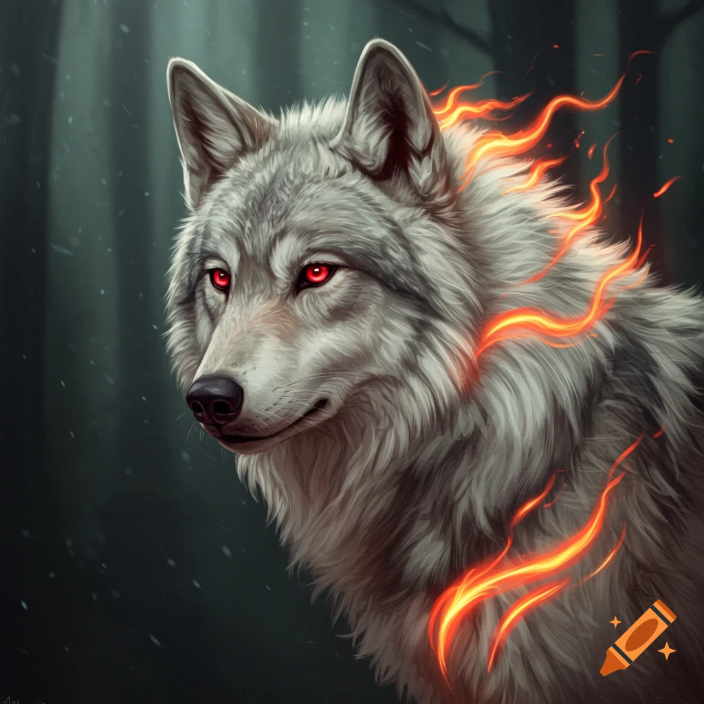 A grey wolf with glowing red eyes and fire around its neck in a dark forest.