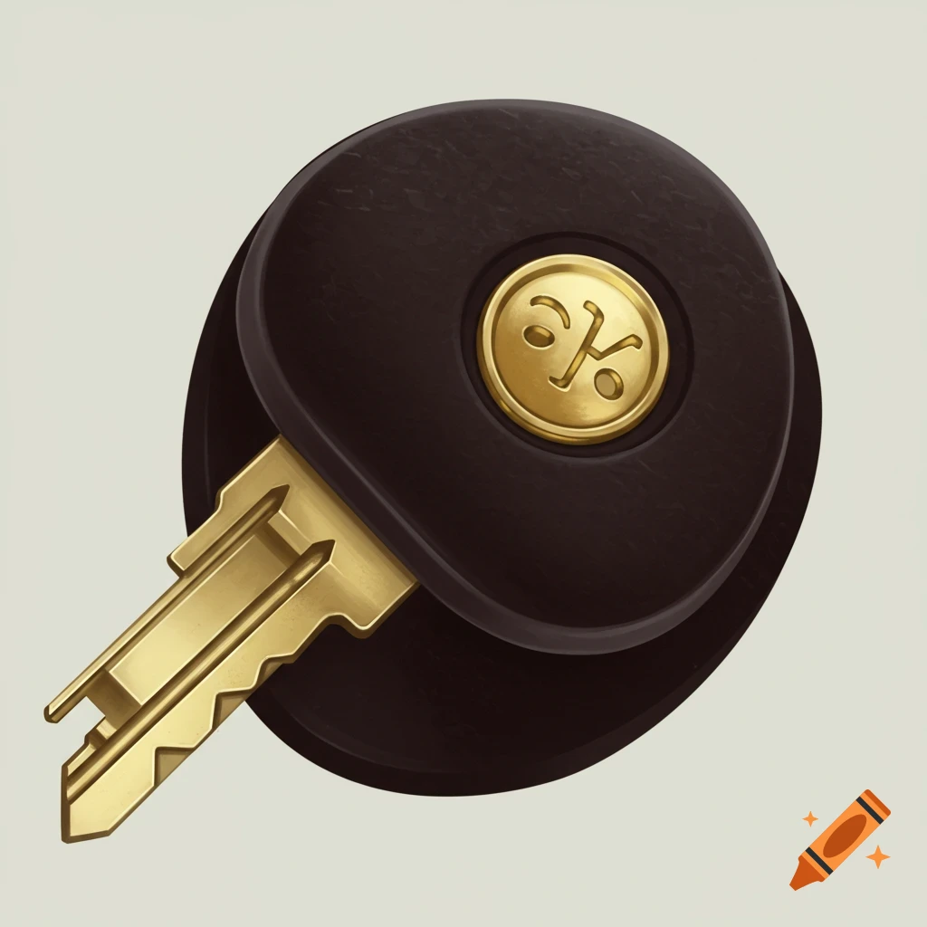 A detailed illustration of a black key fob with a gold key, featuring a circular gold emblem with a stylized symbol.