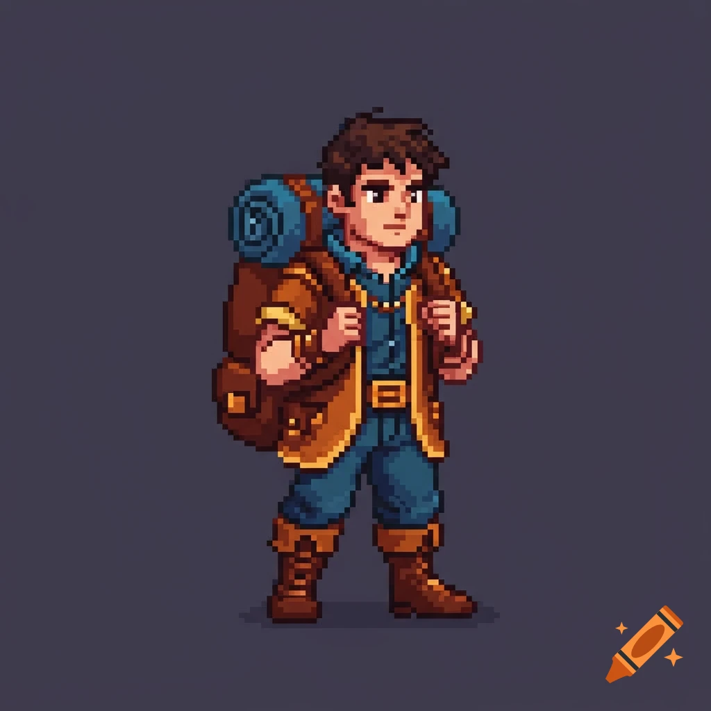 Pixel art character of an adventurer with a backpack.