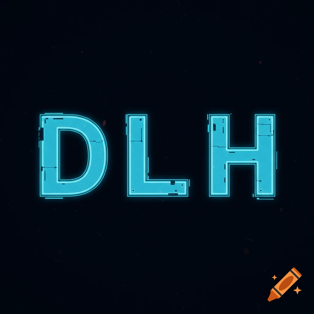 Blue glowing tech-style letters DLH on a dark background