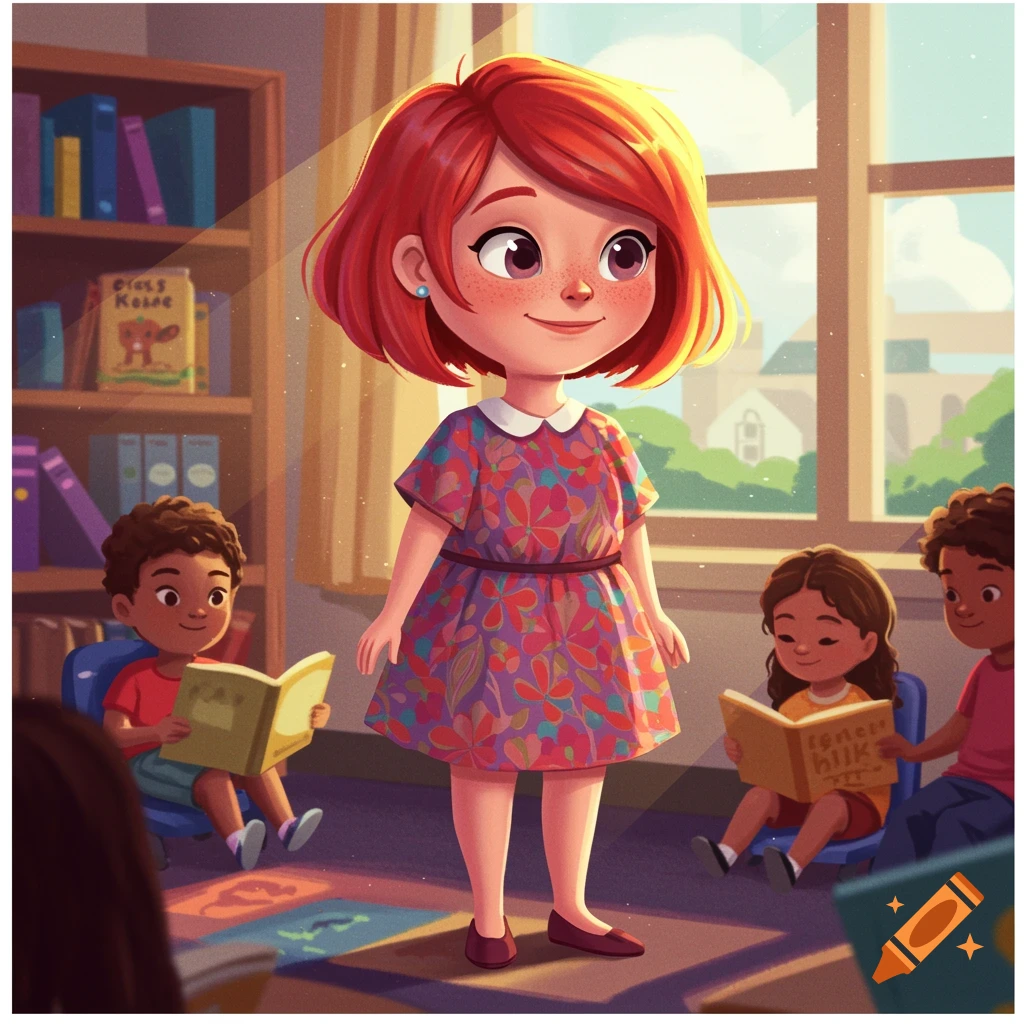 Illustrative portrayal of a red-haired literacy coach with children reading in a bright classroom.