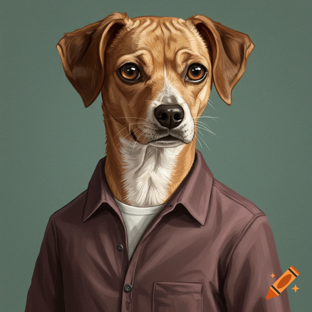 Painting of a dog with a human body wearing a brown shirt.