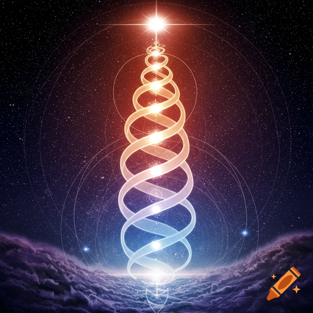 A glowing double-helix spiral of light rises from clouds into a starry cosmic background with geometric shapes.